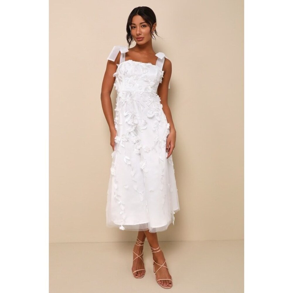Lulus Effortlessly Sweet White Tulle 3d Floral Tie-strap Midi Dress - Size S